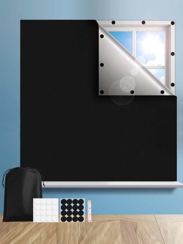 1set Plain Color Blackout Curtain, Modern Black Polyester Portable Blackout Curtain For Household