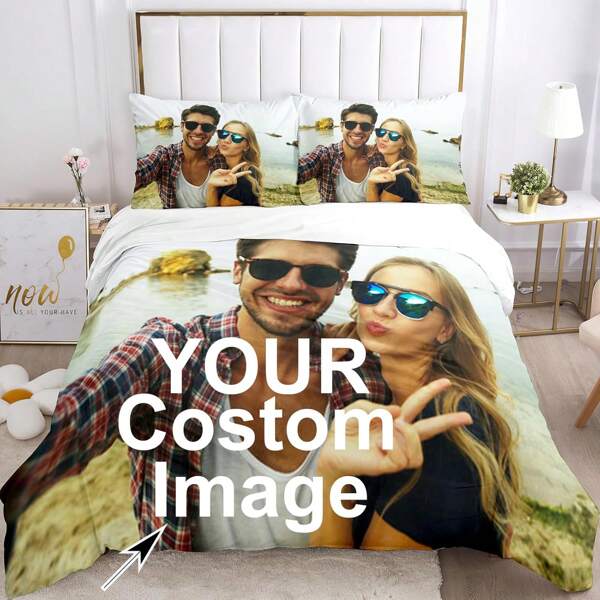 3pcs Customizable Couple Bedding Set, Printed Pattern, Polyester Fabric, Suitable For Boys & Girls, Birthday Gift, Soft & Comfortable, Vibrant Colors, Personalized Anniversary Gift, Wedding Gift