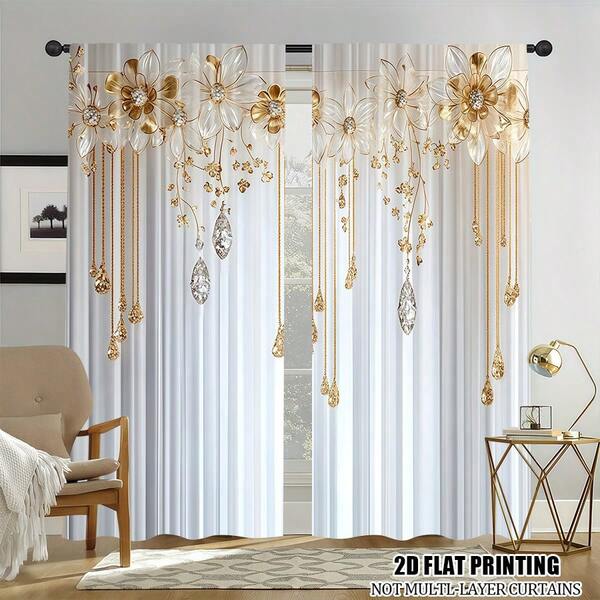 2 Pcs Polyester Light Filtering Curtains - High Definition White Gold Flower Pattern Printing For Bedroom, Living Room, Office And Home Decor, Rod Pocket Design