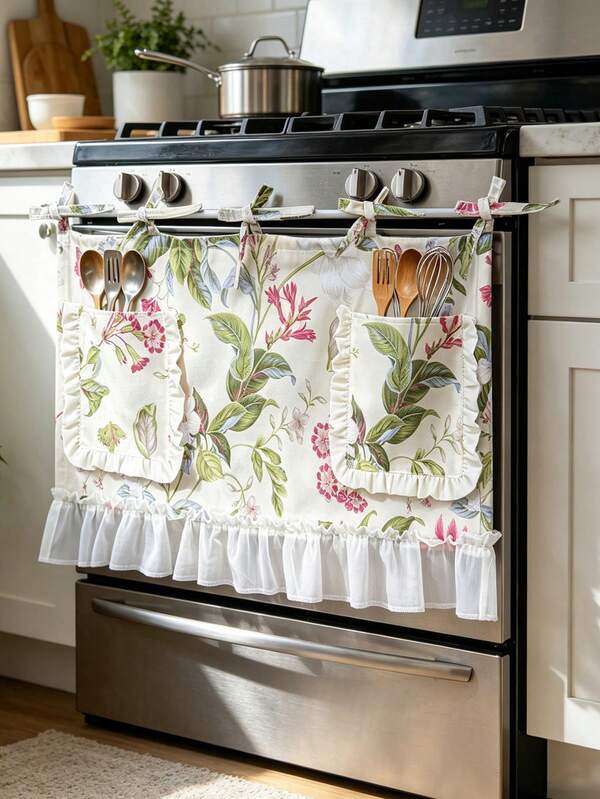 One Korean-Style Printed Blackout Curtain With Decorative Pockets; Can Be Used To Store Tableware Or As An Apron. Small Window Curtains For Kitchen, Aesthetic Home