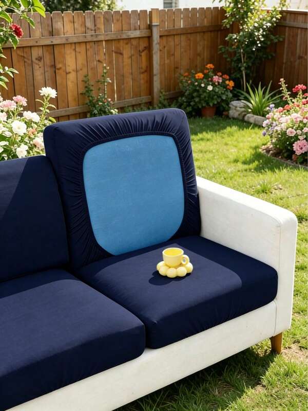 1pc Solid Color Elastic Shower Cap Style Sofa Cushion Cover, Modern Minimalist Polyester High Elasticity Dust-Proof Sofa Cover, All Season Suitable Summer Casual Garden Balcony Outdoor Rattan Sofa Cushion Protective Cover
